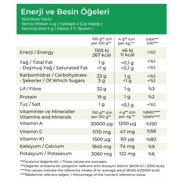 Kale tozu besin değerleri